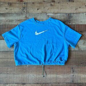 Nike Womens Size Large Blue Cropped Short Sleeve Sweatshirt with Cinch Waist Tie